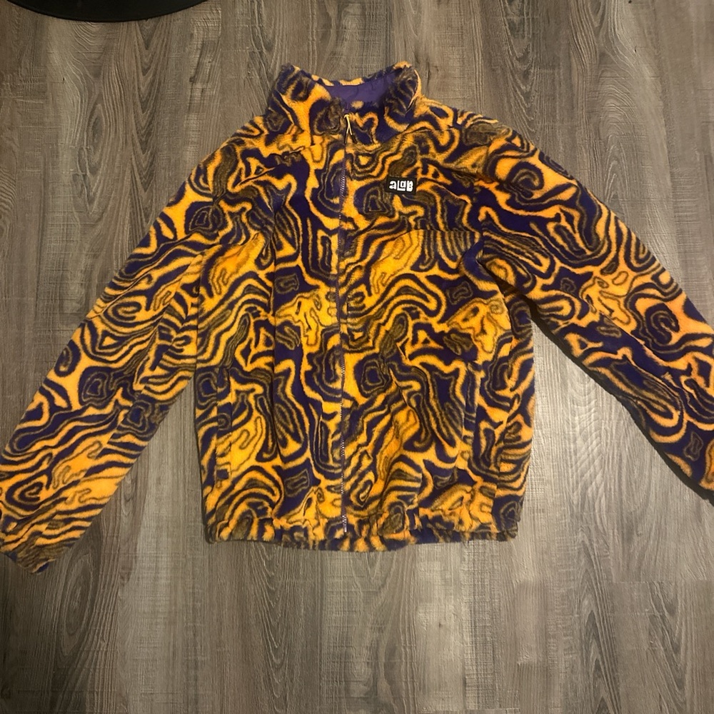 Alab Bold Orange and Purple Puffer Jacket with Abstract Design